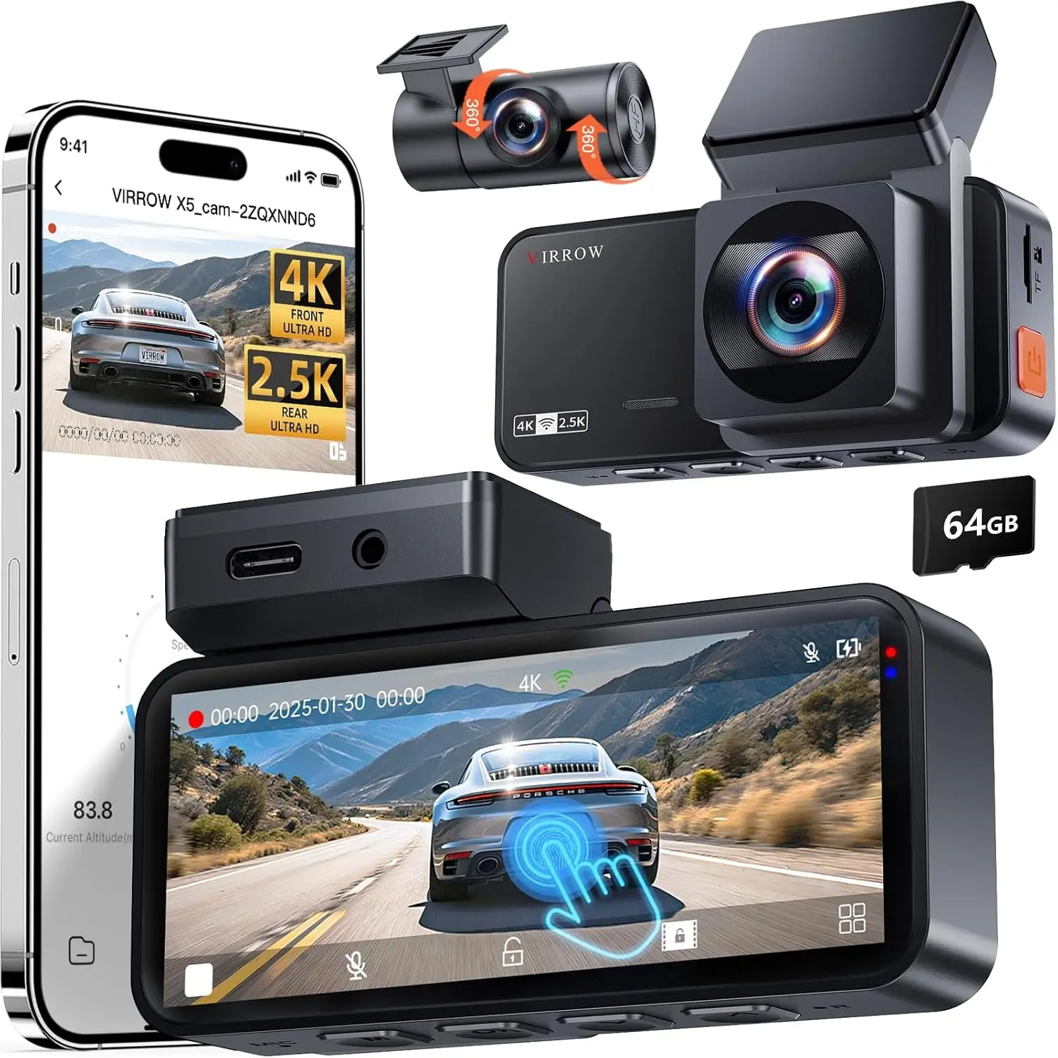 4K+2.5K Dual Dash Cam Front and Rear with Touch Screen, WiFi App Control, 64GB Card, Parking Mode Night Vision