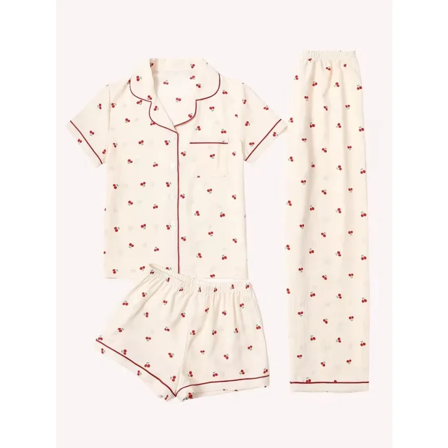 Women Pajamas Notch Lapel Short Sleeve Shorts Pants 3 Piece Set Spring Summer Fall Cute Cherry Print Homewear
Women Pajamas Notch Lapel Short Sleeve Shorts Pants 3 Piece Set Spring Summer Fall Cute Cherry Print Homewear