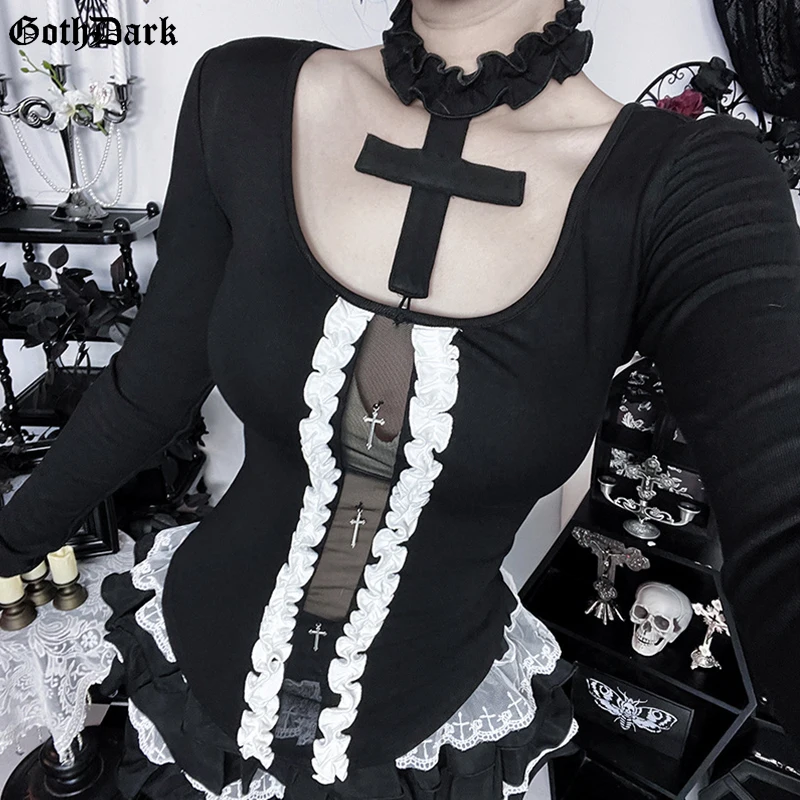 Goth Dark Embellished Ruffled Mesh Cross Long Sleeve T-shirts Fashion Cyber Y2K Mall Goth Slim Tops Women Casual Tees Streetwear
Goth Dark Embellished Ruffled Mesh Cross Long Sleeve T-shirts Fashion Cyber Y2K Mall Goth Slim Tops Women Casual Tees Streetwear
