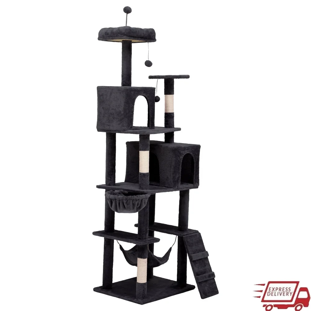75 Inch Multi Level Cat Tree with Scratching Posts Hammock Caves Pompoms Plush Fabric Durable Easy Assembly
75 Inch Multi Level Cat Tree with Scratching Posts Hammock Caves Pompoms Plush Fabric Durable Easy Assembly