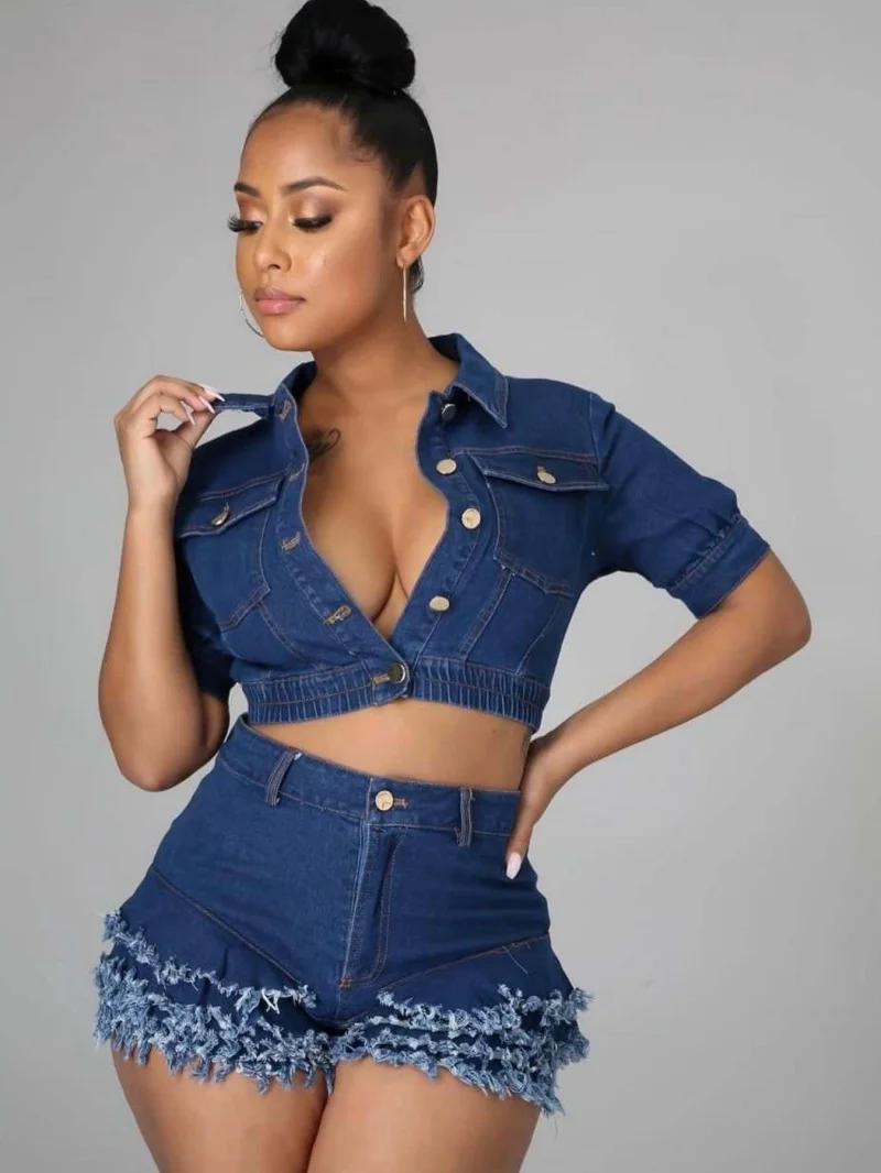 Fashion Denim 2 Piece Sets Women Outfit Summer Clothing Women Short Sleeve Jean Jacket Crop Top and Shorts Suit Cowboy Woman Set
Fashion Denim 2 Piece Sets Women Outfit Summer Clothing Women Short Sleeve Jean Jacket Crop Top and Shorts Suit Cowboy Woman Set