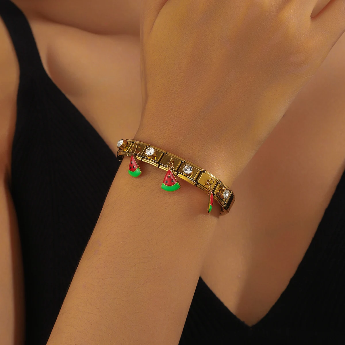 LAMENGLY 316L Stainless Steel Zircon Inlay Watermelon Charm Bracelet Women Summer Trend Stretchable Bangle Daily Wear Jewelry
LAMENGLY 316L Stainless Steel Zircon Inlay Watermelon Charm Bracelet Women Summer Trend Stretchable Bangle Daily Wear Jewelry