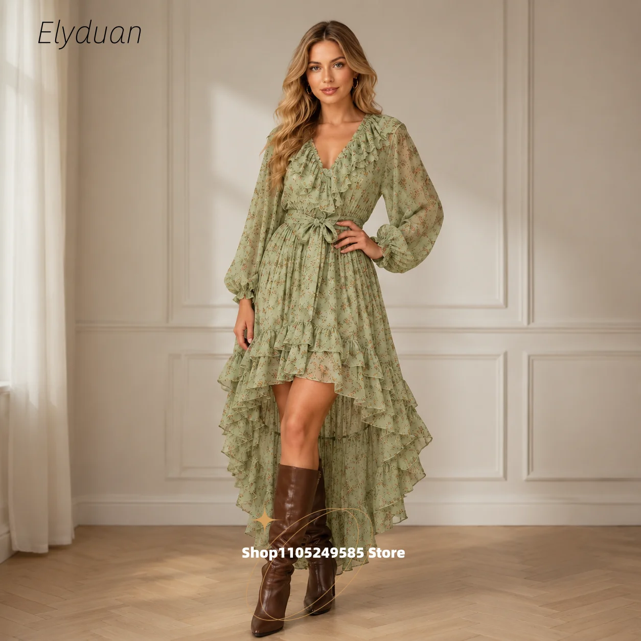 Sage Green Floral Printed Chiffon Prom Dress V Neck Ruffle Long Sleeve Waist Tie High Low Boho Party Evening Gown Customized
Sage Green Floral Printed Chiffon Prom Dress V Neck Ruffle Long Sleeve Waist Tie High Low Boho Party Evening Gown Customized
