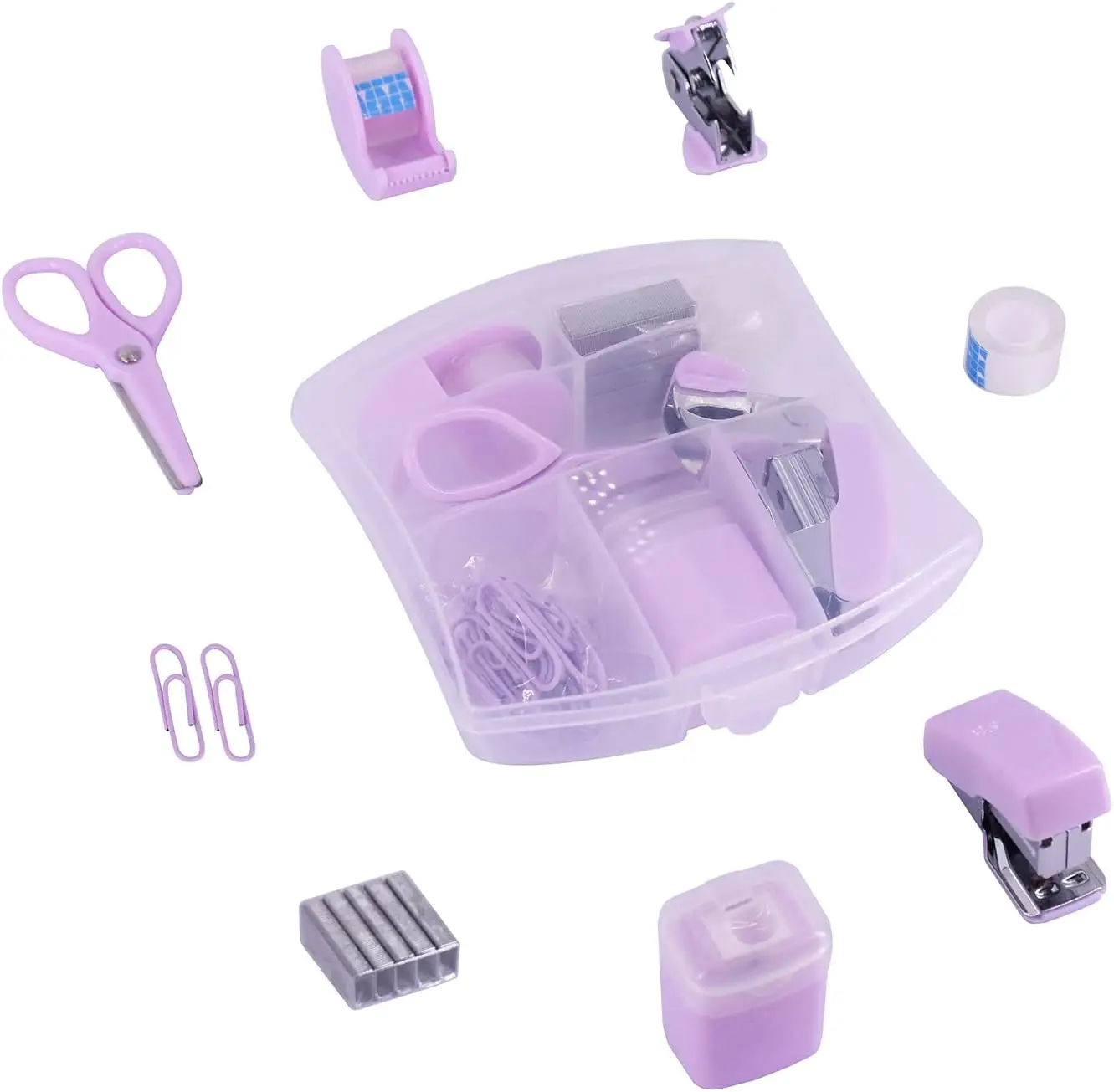 Compact Purple Office Kit with Mini Stapler, Scissors, and Tape Dispenser for Home or School Use
Compact Purple Office Kit with Mini Stapler, Scissors, and Tape Dispenser for Home or School Use