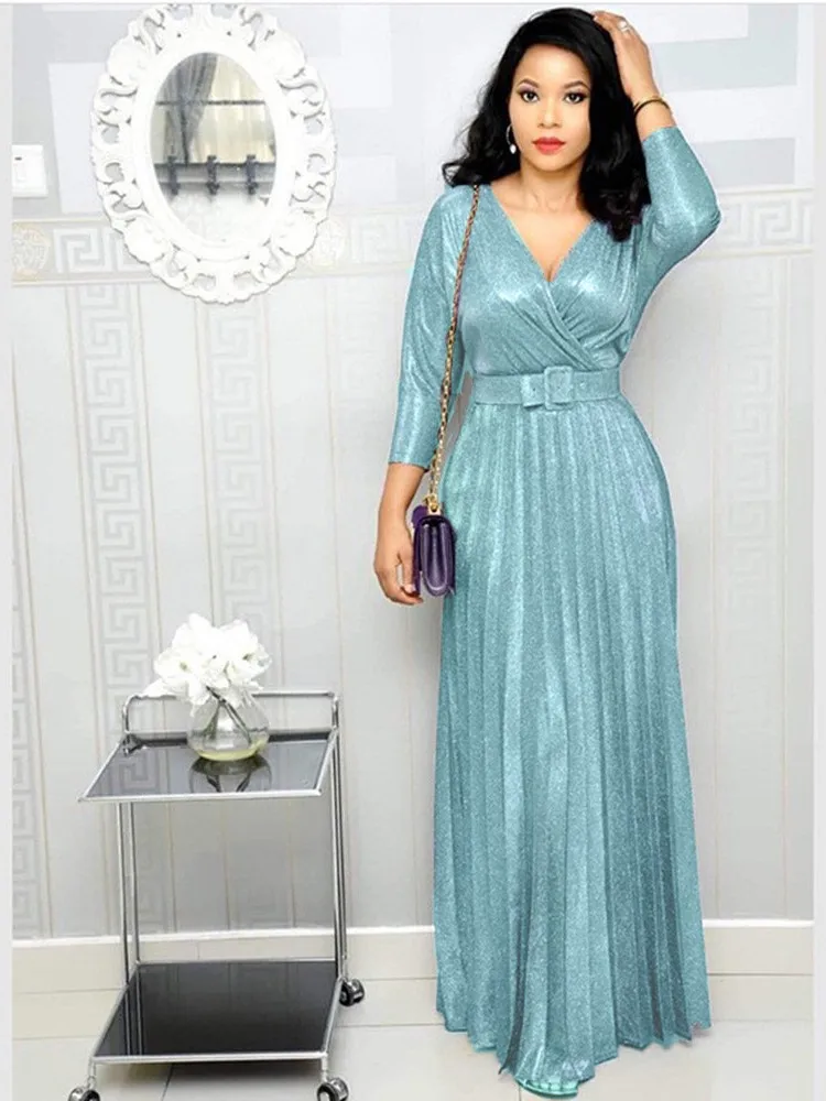 Elegant Women's Long Dresses Fashion Long Sleeve Bronzing Pleated Dress With Belt High Waist V-neck Party Vestidos Female Robe
Elegant Women's Long Dresses Fashion Long Sleeve Bronzing Pleated Dress With Belt High Waist V-neck Party Vestidos Female Robe