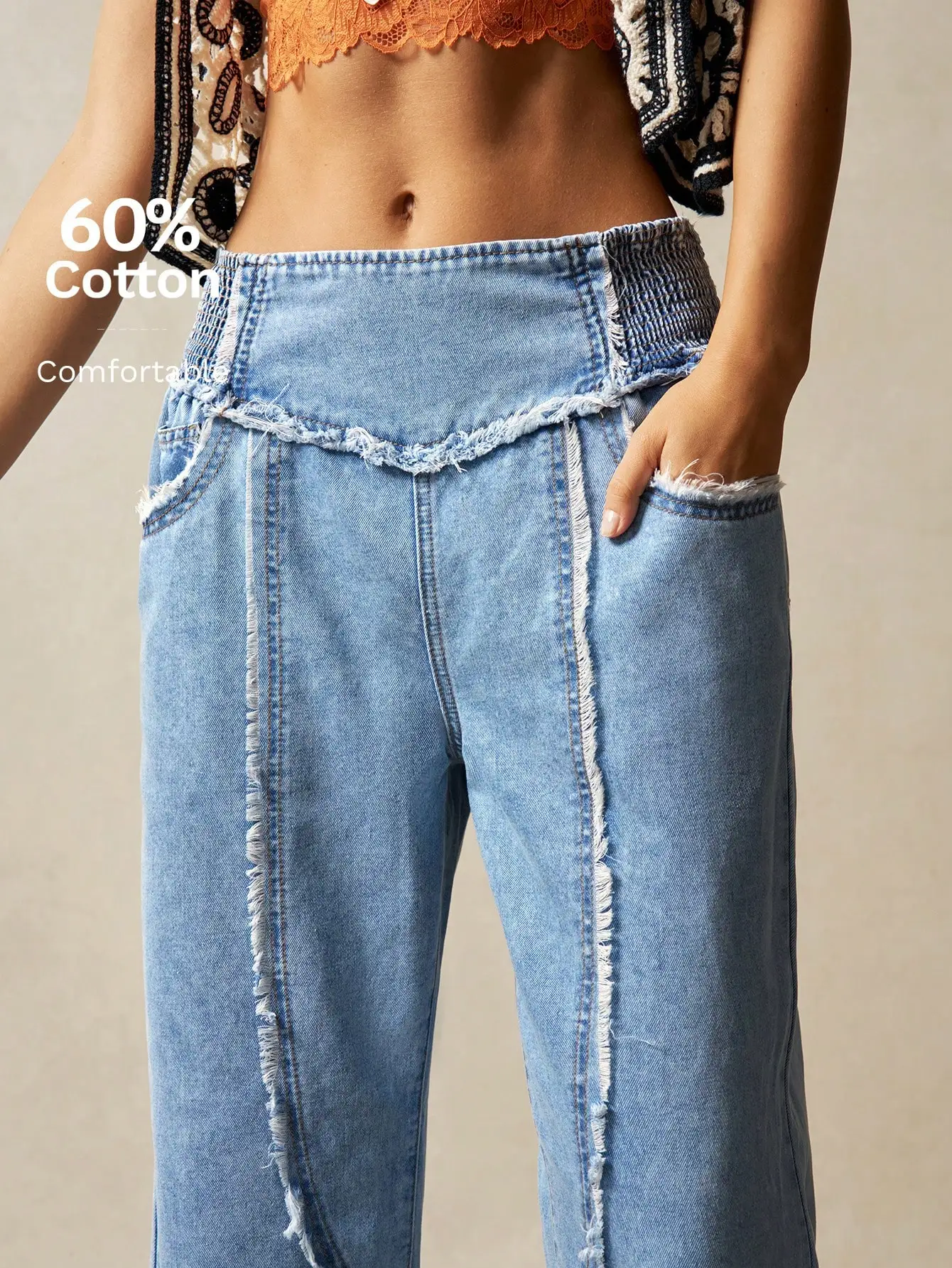 Loose Fit Boho Style Low Waist Denim Jeans with Frayed Hem and Pockets
Loose Fit Boho Style Low Waist Denim Jeans with Frayed Hem and Pockets