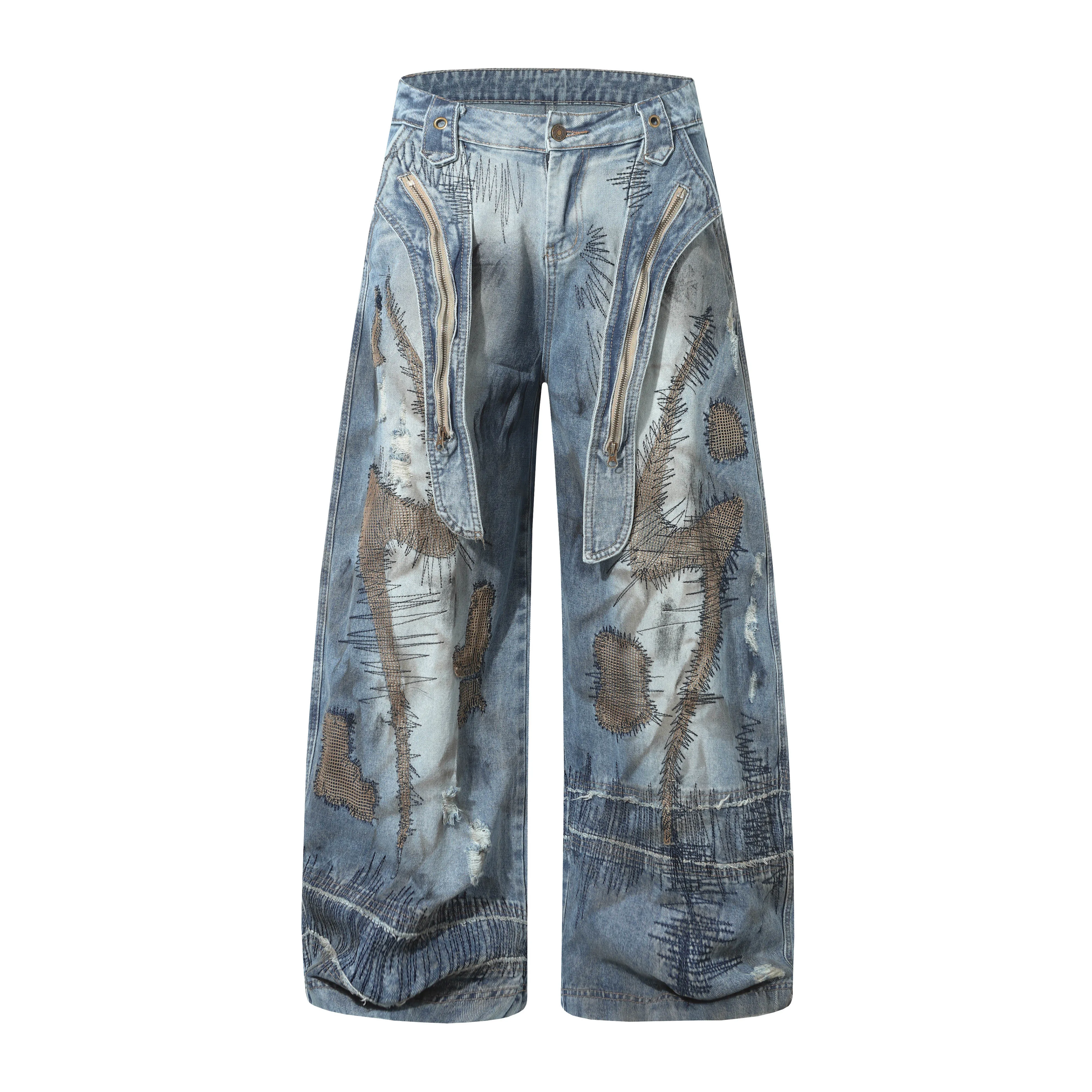 European and American style distressed vintage small-scale design patch sewn jeans wide-leg pants
European and American style distressed vintage small-scale design patch sewn jeans wide-leg pants