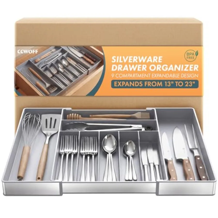 Heavy Duty Stainless Steel Frame Silverware Organizer with Plastic Body, Extra Large Silverware Drawer Organizer, 9 Slot Expand
Heavy Duty Stainless Steel Frame Silverware Organizer with Plastic Body, Extra Large Silverware Drawer Organizer, 9 Slot Expand
