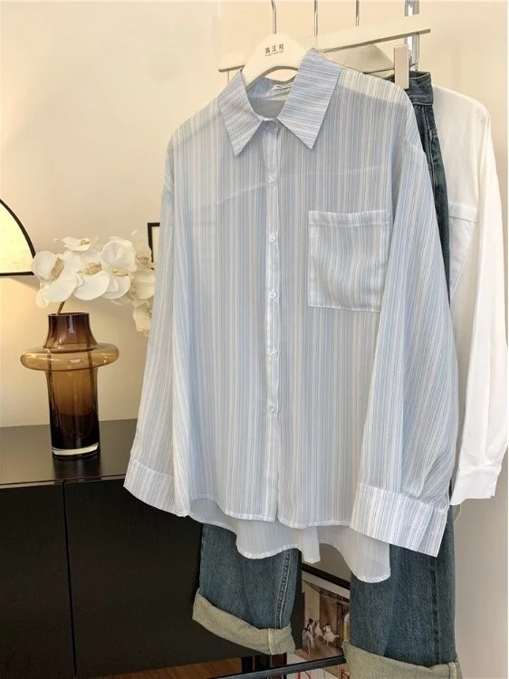 Blue Striped Loose Fit Long Sleeve Women's Shirt Summer 2026 New Style Slimming Top Collar Polyester Fiber Resistant to ...
Blue Striped Loose Fit Long Sleeve Women's Shirt Summer 2026 New Style Slimming Top Collar Polyester Fiber Resistant to ...