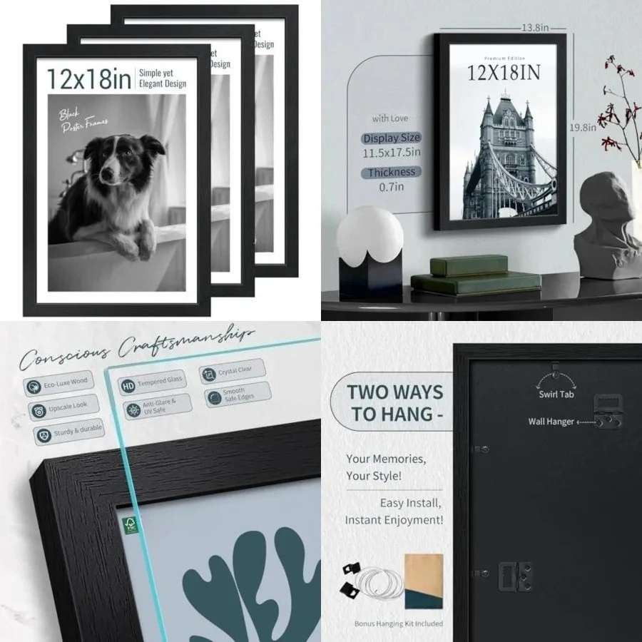 12x18 Frame Set - 3 Pack, Textured Black Wooden Poster Frame with HD Tempered Glass, Room, Office, Gallery, Studio, and Hallway Decor - Wall Hanging
12x18 Frame Set - 3 Pack, Textured Black Wooden Poster Frame with HD Tempered Glass, Room, Office, Gallery, Studio, and Hallway Decor - Wall Hanging