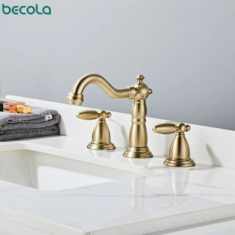 BECOLA Black Bathroom Faucet Luxurious Golden Copper Double Handle Three Hole Sink Faucet, Sturdy And Durable
BECOLA Black Bathroom Faucet Luxurious Golden Copper Double Handle Three Hole Sink Faucet, Sturdy And Durable