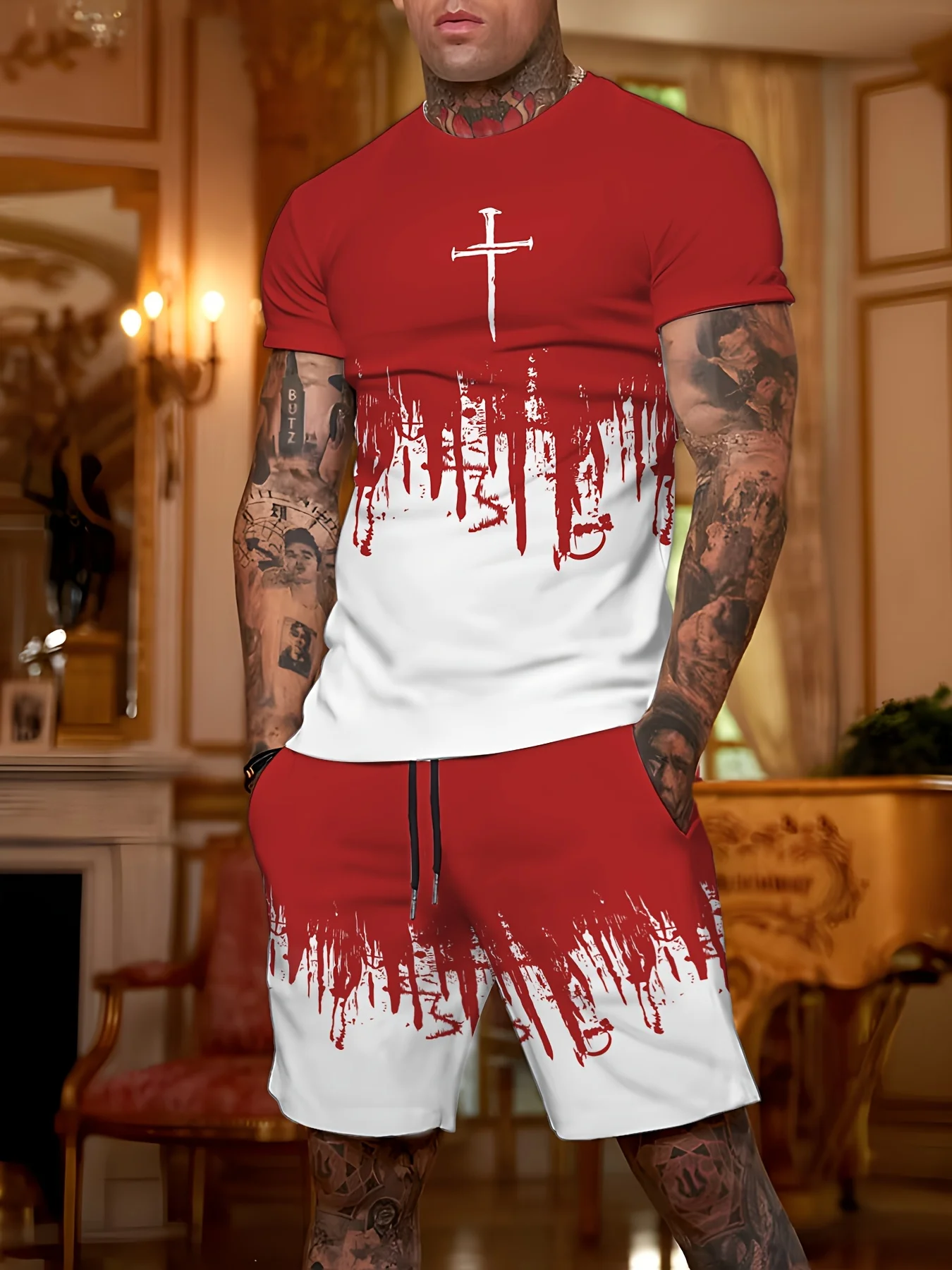 New Men's Trendy Red, White Mix, Cross, Sword Pattern 3D Printed T-Shirt and Shorts Set
New Men's Trendy Red, White Mix, Cross, Sword Pattern 3D Printed T-Shirt and Shorts Set