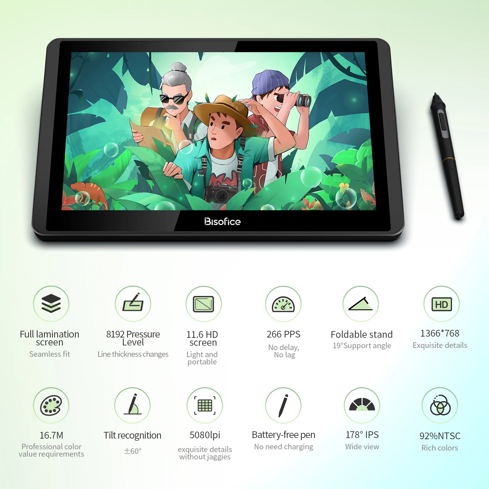 Bisofice 12HD-A H-IPS ЖК-дисплей, графический планшет для рисования, монитор 11,6 дюймов, размер 1366x768, дисплей 8192, уровень давления, пассивная технология
Bisofice 12HD-A H-IPS ЖК-дисплей, графический планшет для рисования, монитор 11,6 дюймов, размер 1366x768, дисплей 8192, уровень давления, пассивная технология