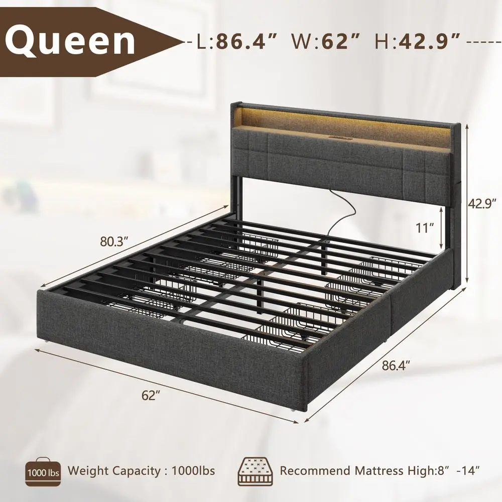 Queen Bed Frame with 4 Drawers and Storage Headboard, Grey Upholstered Platform Bed Frame Queen Size with Charging Station and
Queen Bed Frame with 4 Drawers and Storage Headboard, Grey Upholstered Platform Bed Frame Queen Size with Charging Station and