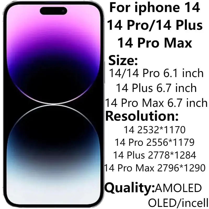 ЖК-дисплей AMOLED для iPhone 14/14 Pro 6,1 дюйма, ЖК-дисплей 6,7 дюйма для iphone 14 Plus/14 Pro Max, дигитайзер сенсорного экрана в сборе, запасные части
ЖК-дисплей AMOLED для iPhone 14/14 Pro 6,1 дюйма, ЖК-дисплей 6,7 дюйма для iphone 14 Plus/14 Pro Max, дигитайзер сенсорного экрана в сборе, запасные части