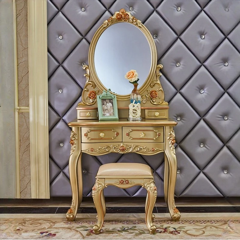 luxury golden makeup table with stool exquisite French small dressing table elegant princess tocador de mujer bedroom furniture
luxury golden makeup table with stool exquisite French small dressing table elegant princess tocador de mujer bedroom furniture