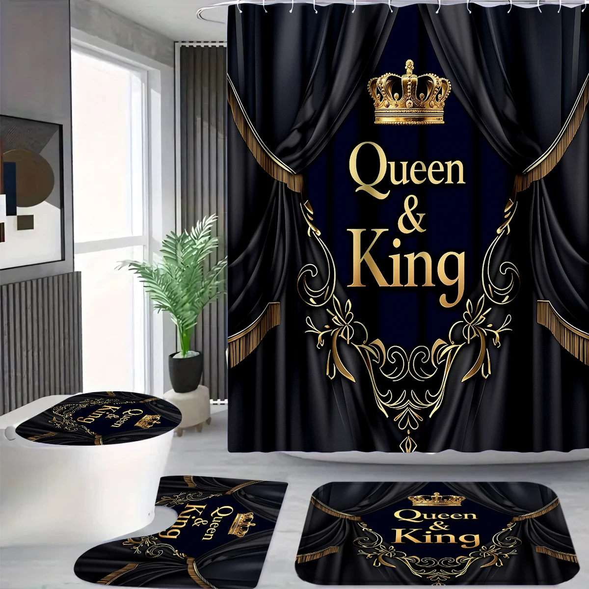 4Pcs Queen & King Crown Shower Curtain Set with Hooks, Luxury Black Gold Curtain Print Waterproof Mildew Resistant Fabric Bath Mat for Family Bathroom Home Decor
4Pcs Queen & King Crown Shower Curtain Set with Hooks, Luxury Black Gold Curtain Print Waterproof Mildew Resistant Fabric Bath Mat for Family Bathroom Home Decor