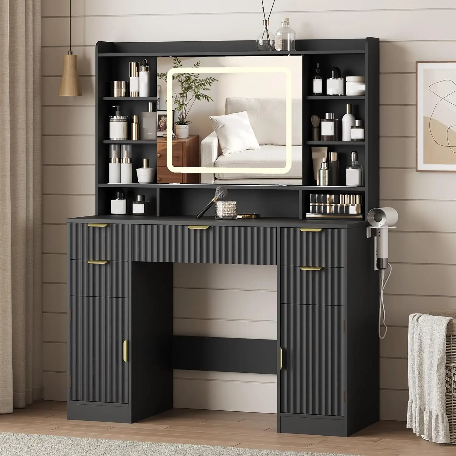 Black Dressing Table with Mirror, 5 Drawers, 2 Cabinets, Open Shelves, Power Outlet, Sliding Lighted Mirror, 3 Lighting Modes
Black Dressing Table with Mirror, 5 Drawers, 2 Cabinets, Open Shelves, Power Outlet, Sliding Lighted Mirror, 3 Lighting Modes