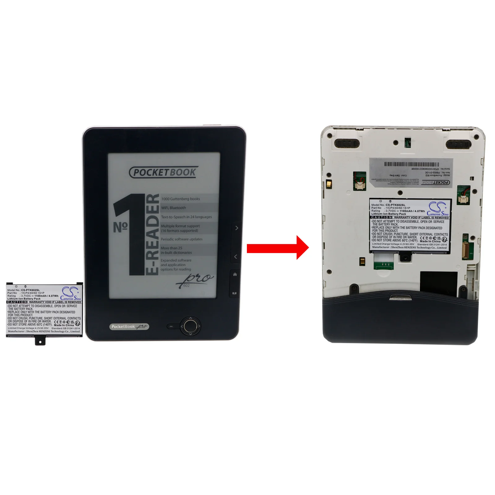 Cameron Sino 1100mAh E-reader Battery for Pocketbook Pro 602, 603, 612, 902, 903, 912, 920, 920.W
Cameron Sino 1100mAh E-reader Battery for Pocketbook Pro 602, 603, 612, 902, 903, 912, 920, 920.W