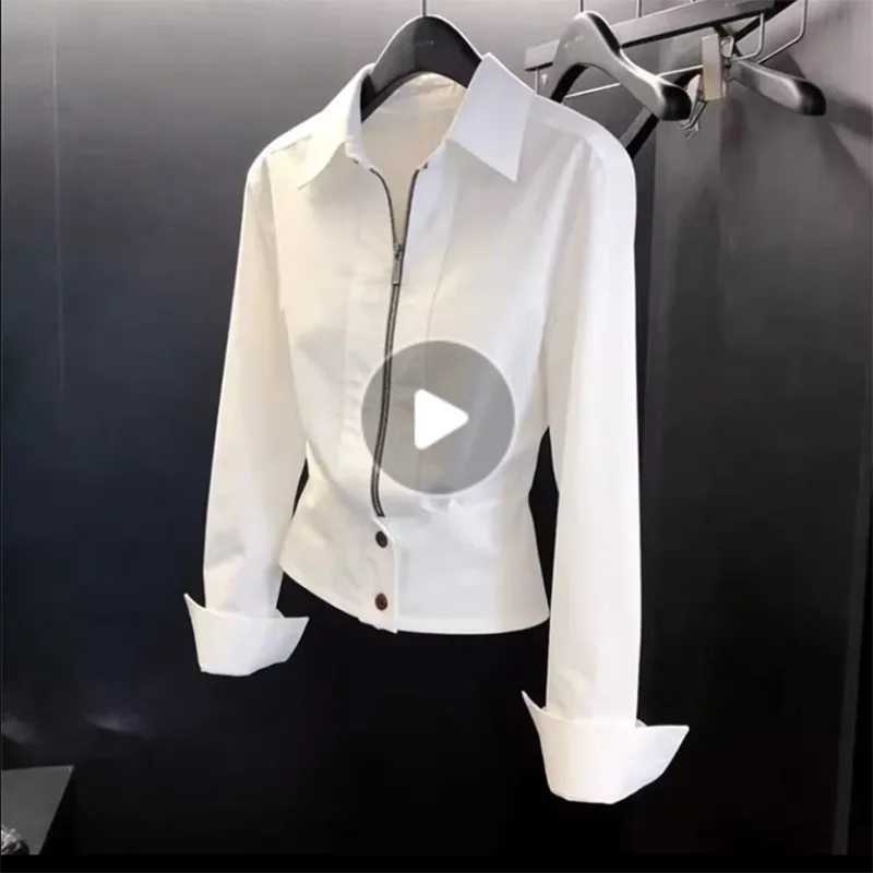 Fashionable Polo Collar Zip-Up White Shirt Long Sleeve Women's New Style Slimming Top Elegant Versatile Casual Wear
Fashionable Polo Collar Zip-Up White Shirt Long Sleeve Women's New Style Slimming Top Elegant Versatile Casual Wear