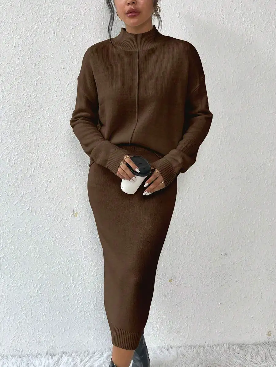 Women's Solid Brown Knit Two-Piece Set with High Neck Top and Pencil Skirt
Women's Solid Brown Knit Two-Piece Set with High Neck Top and Pencil Skirt