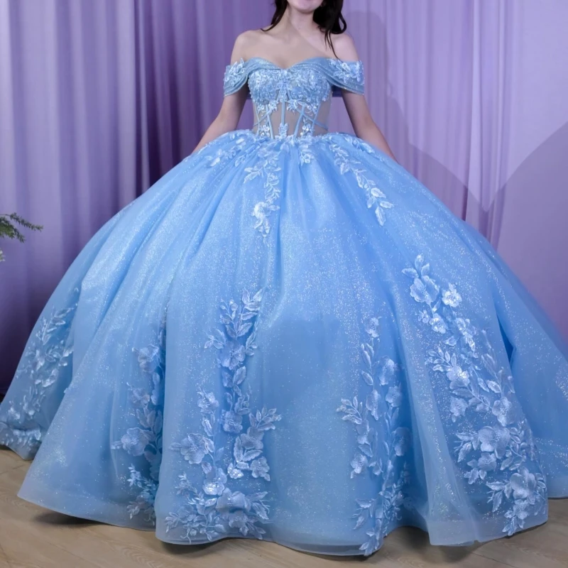 Blue Shiny Quinceanera Dresses Off The Shoulder Applique Lace Flower Beading Crystal Tull Corset Party Birthday Sweet 16 Dress
Blue Shiny Quinceanera Dresses Off The Shoulder Applique Lace Flower Beading Crystal Tull Corset Party Birthday Sweet 16 Dress