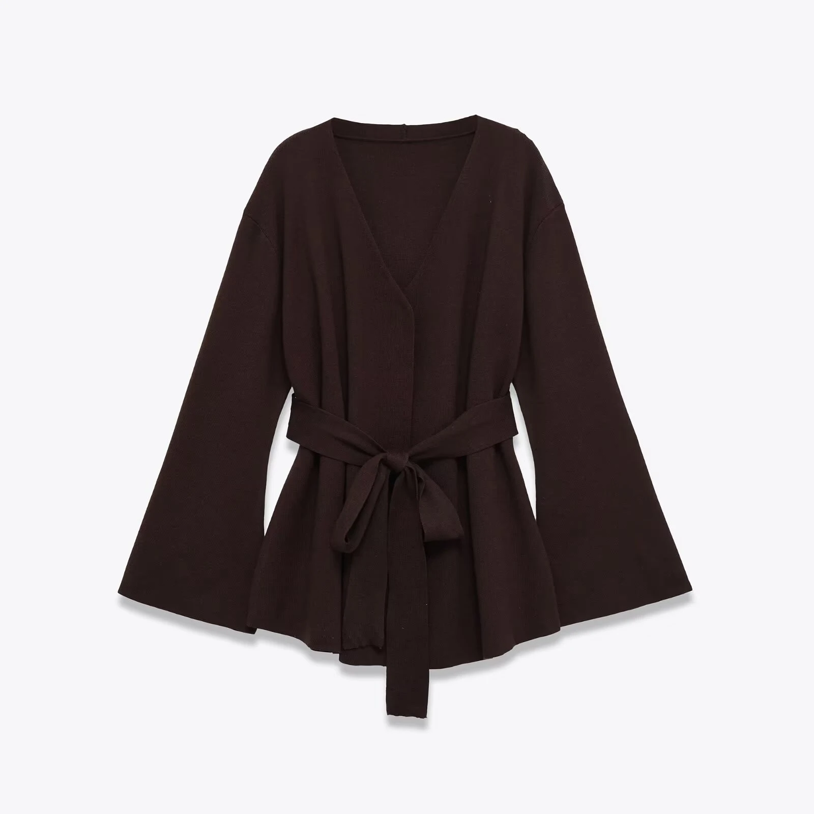 Deep V Neck Open Front Knit Cardigan Self Tie Belt Waist Flare Long Sleeve Loose Solid Dark Brown Soft Knit Wrap Jacket 260701
Deep V Neck Open Front Knit Cardigan Self Tie Belt Waist Flare Long Sleeve Loose Solid Dark Brown Soft Knit Wrap Jacket 260701