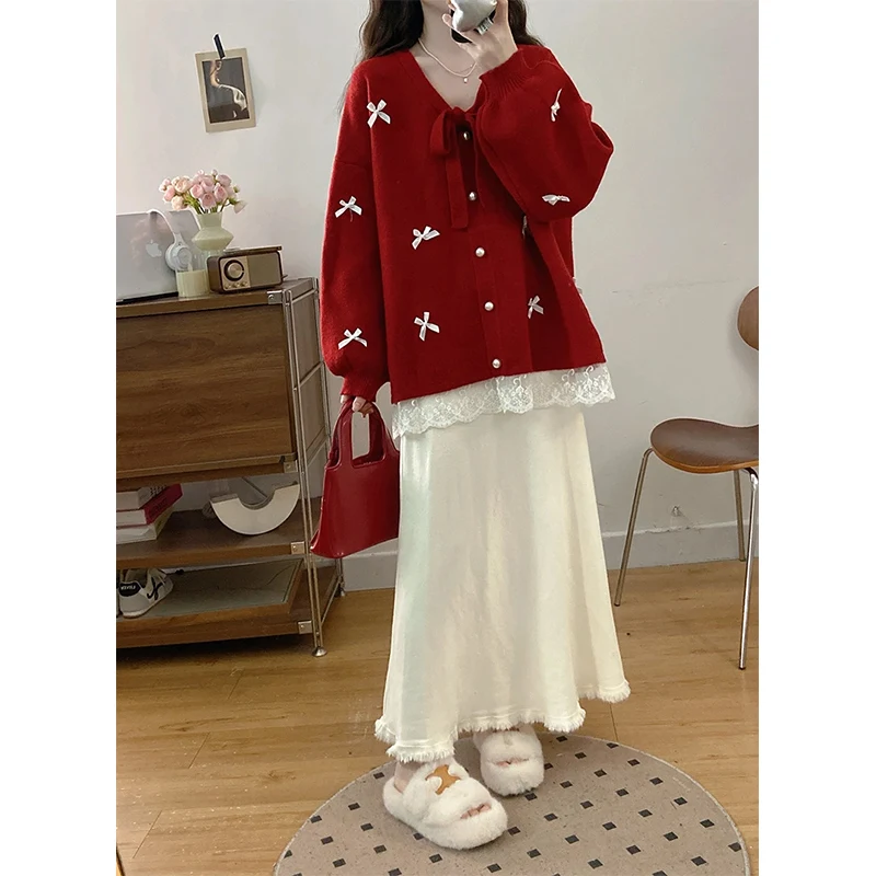 Sweet Style Knitted Cardigan And High Waist Skirt Set for Women with Knot Autumn Winter Fashion Two Piece Set
Sweet Style Knitted Cardigan And High Waist Skirt Set for Women with Knot Autumn Winter Fashion Two Piece Set