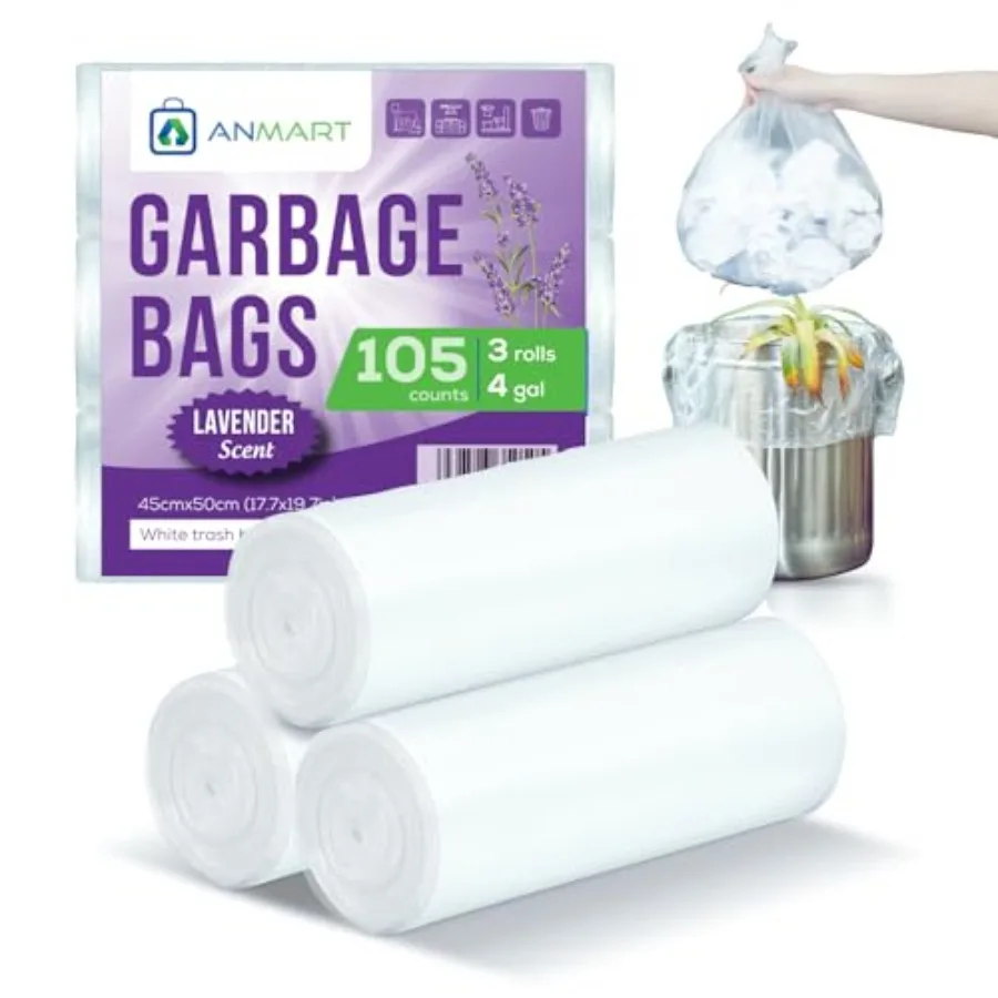 4 Gallon Small Trash Bags, White, Lavender Scented Strong and Leak-Resistant, Easy-Tear Perforation Ideal for Bathroom, Office,
4 Gallon Small Trash Bags, White, Lavender Scented Strong and Leak-Resistant, Easy-Tear Perforation Ideal for Bathroom, Office,