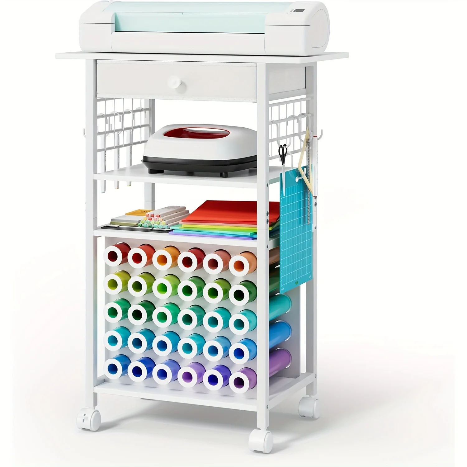 A Crafting Cart And Organizer Table Designed for Use, One Fabric Drawer, an Additions Holder, And a Tool Hook, Home, Or Office
A Crafting Cart And Organizer Table Designed for Use, One Fabric Drawer, an Additions Holder, And a Tool Hook, Home, Or Office