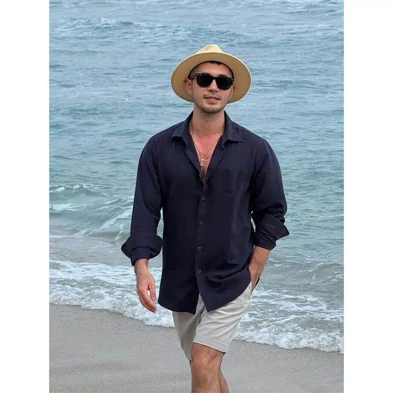 Lightweight Long Sleeve Linen Cotton Casual Shirt Men's Royal Blue Summer Sun Protection Outerwear City Walk Neck Design
Lightweight Long Sleeve Linen Cotton Casual Shirt Men's Royal Blue Summer Sun Protection Outerwear City Walk Neck Design