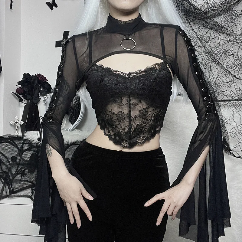 Women's Mesh Blouse High Collar Bell Sleeve Slim Fit Top Dark Color Double Side Weave Band Half Shoulder Design Long Sleeve r...
Women's Mesh Blouse High Collar Bell Sleeve Slim Fit Top Dark Color Double Side Weave Band Half Shoulder Design Long Sleeve r...