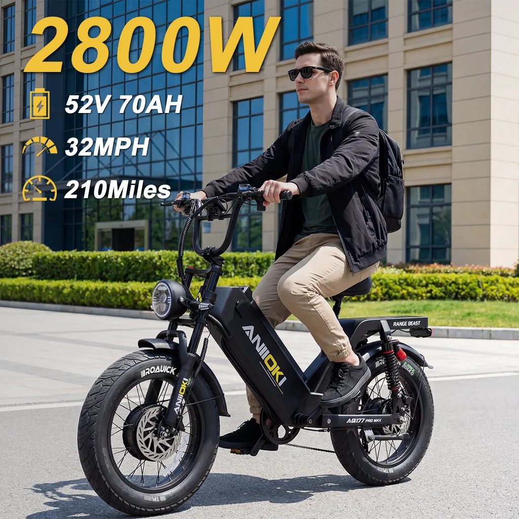Aniioki Ebike dual Motor 2800W 52V 70Ah Electric Bicycl 32mph Long battery life aniioki AQ177 pro max Adult E Bike
Aniioki Ebike dual Motor 2800W 52V 70Ah Electric Bicycl 32mph Long battery life aniioki AQ177 pro max Adult E Bike