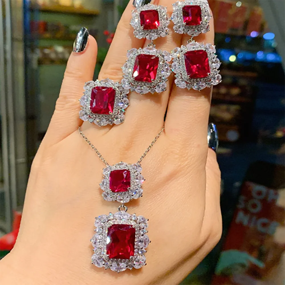 New 925 Sterling Silver Red Crystal Necklace Pendant Ring Earring Women Luxury Wedding Party Fine Jewelry Set
New 925 Sterling Silver Red Crystal Necklace Pendant Ring Earring Women Luxury Wedding Party Fine Jewelry Set