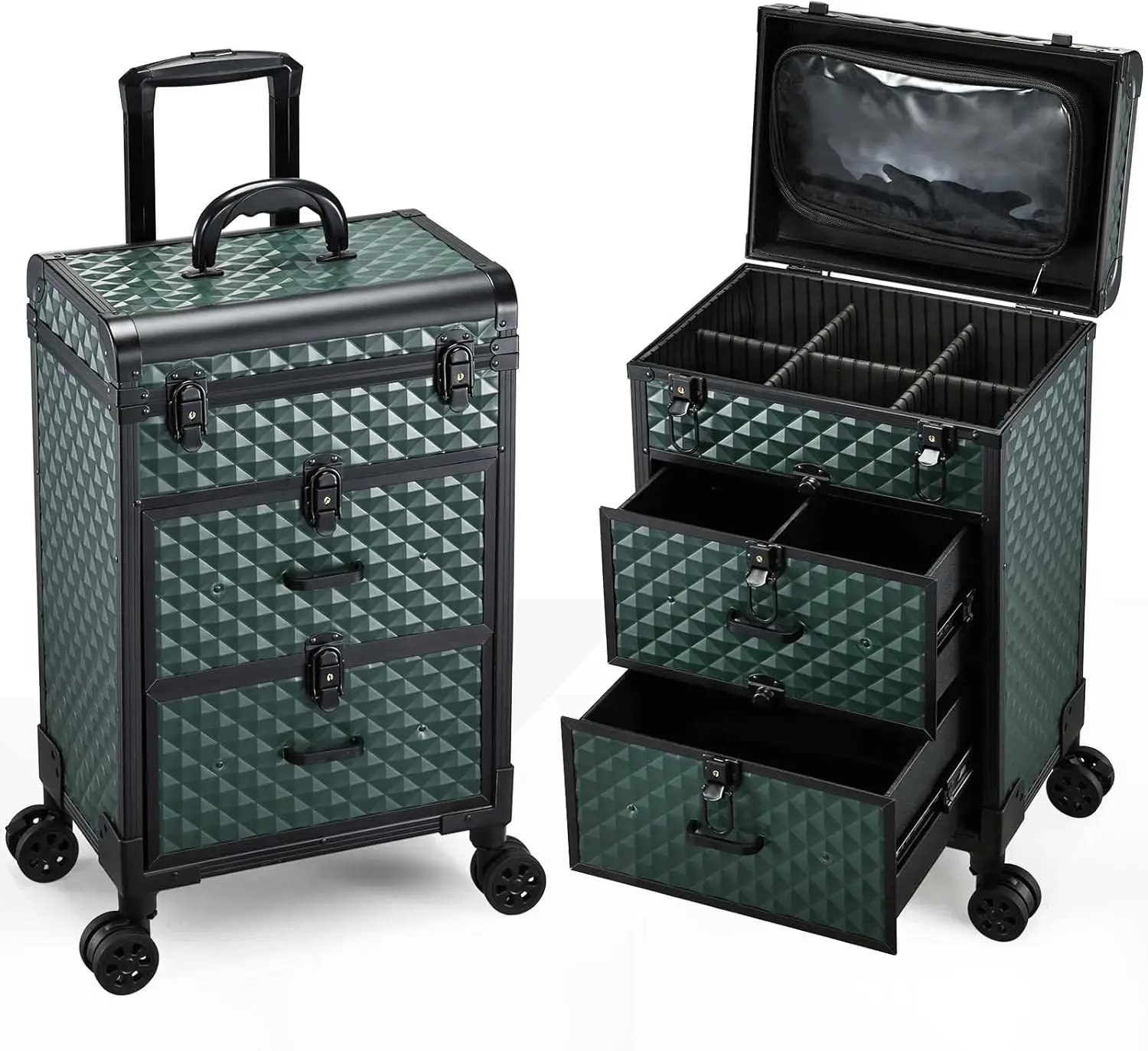 Rolling Makeup Train Case with Drawers on Wheels for Travel Nail Art Hair Styling, Dark Green
Rolling Makeup Train Case with Drawers on Wheels for Travel Nail Art Hair Styling, Dark Green