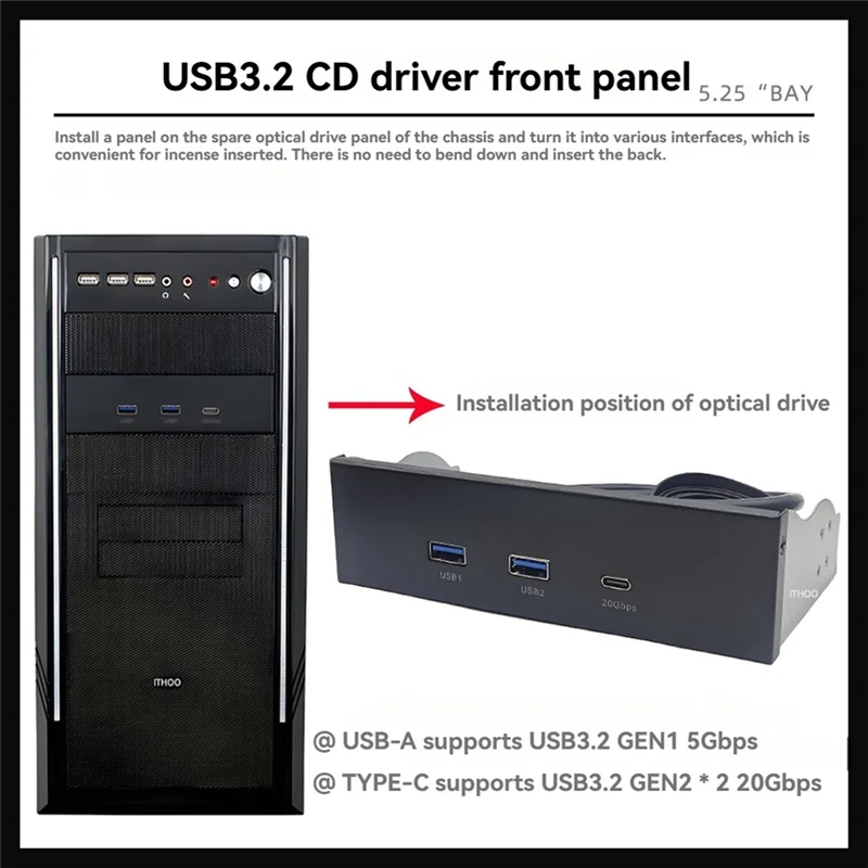 Передняя панель A23F-USB для ПК, 2-портовый USB 3.2 GEN1 5 Гбит/с + 1-портовый концентратор TYPE-C 10 Гбит/с/20 Гбит/с для настольного компьютера, 5,25-дюймовый отсек для гибких дисков
Передняя панель A23F-USB для ПК, 2-портовый USB 3.2 GEN1 5 Гбит/с + 1-портовый концентратор TYPE-C 10 Гбит/с/20 Гбит/с для настольного компьютера, 5,25-дюймовый отсек для гибких дисков