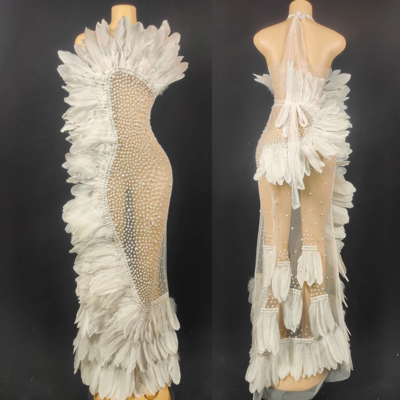 Sexy White Feather Pearl Transparent Long Dress Evening Women Dancer Show Costume Birthday Prom Drag Queen Stage Dress DN15223
Sexy White Feather Pearl Transparent Long Dress Evening Women Dancer Show Costume Birthday Prom Drag Queen Stage Dress DN15223