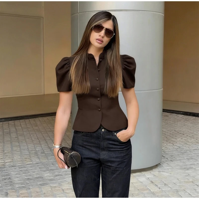2026 Spring Retro Elegant Satin Blouse for Women, Stand Collar Puff Short Sleeve Slim Button Front Top, Chic Office Lady Shirt
2026 Spring Retro Elegant Satin Blouse for Women, Stand Collar Puff Short Sleeve Slim Button Front Top, Chic Office Lady Shirt