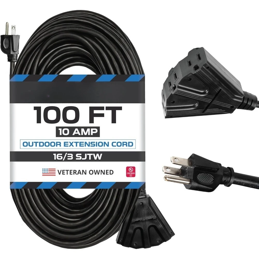 100 Ft Black Extension Cord with 3 Outlets 16/3 SJTW Weatherproof Outdoor Power Cable
100 Ft Black Extension Cord with 3 Outlets 16/3 SJTW Weatherproof Outdoor Power Cable
