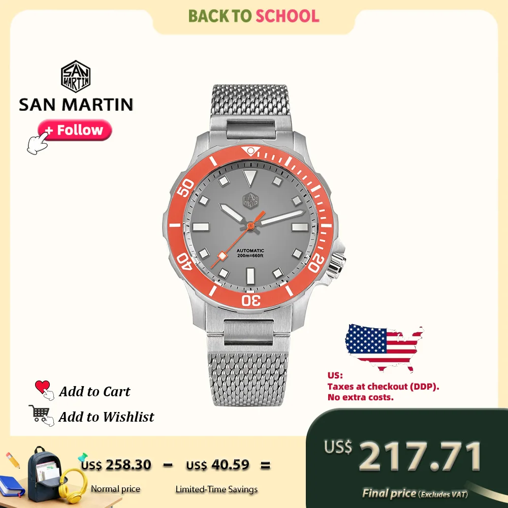 San Martin Design 39.5mm Men Diver Watch NH35 Mechanical Man Watches Stainless Steel Milanese Bracelet Waterproof 20Bar SN0085
San Martin Design 39.5mm Men Diver Watch NH35 Mechanical Man Watches Stainless Steel Milanese Bracelet Waterproof 20Bar SN0085