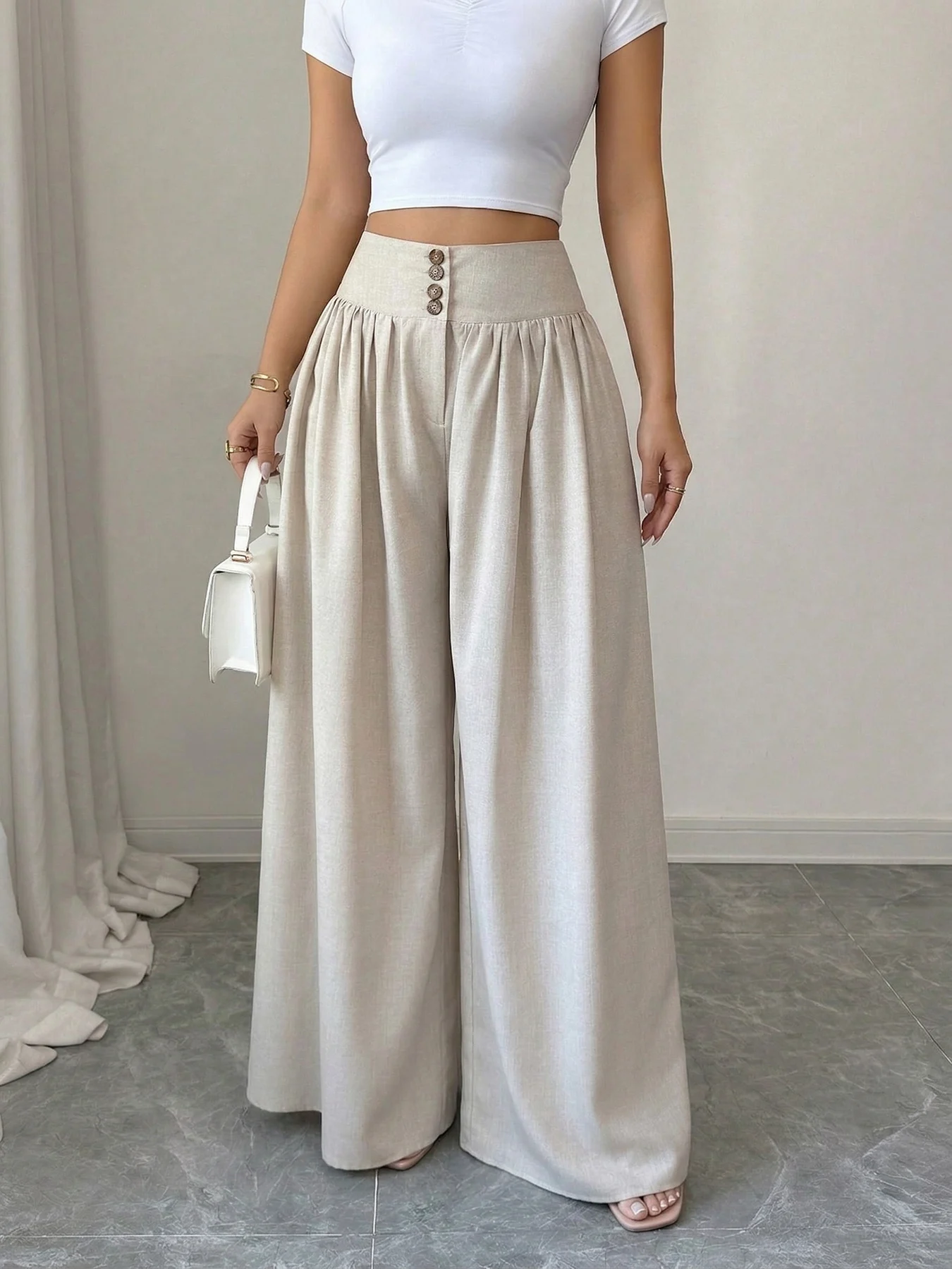 Women Khaki High Waist Wide Leg Pants Button Detail Pleated Front Loose Fit Casual Trousers Office Vacation Spring Summer Pants
Women Khaki High Waist Wide Leg Pants Button Detail Pleated Front Loose Fit Casual Trousers Office Vacation Spring Summer Pants