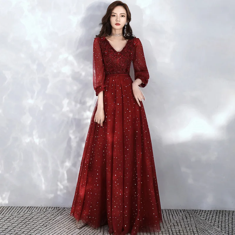 Wine Red Chiffon Long Sleeved Evening Dress Women's Elegant Versatile A-Line Prom Gowns Fashion V-neck Sequined Party Dresses
Wine Red Chiffon Long Sleeved Evening Dress Women's Elegant Versatile A-Line Prom Gowns Fashion V-neck Sequined Party Dresses