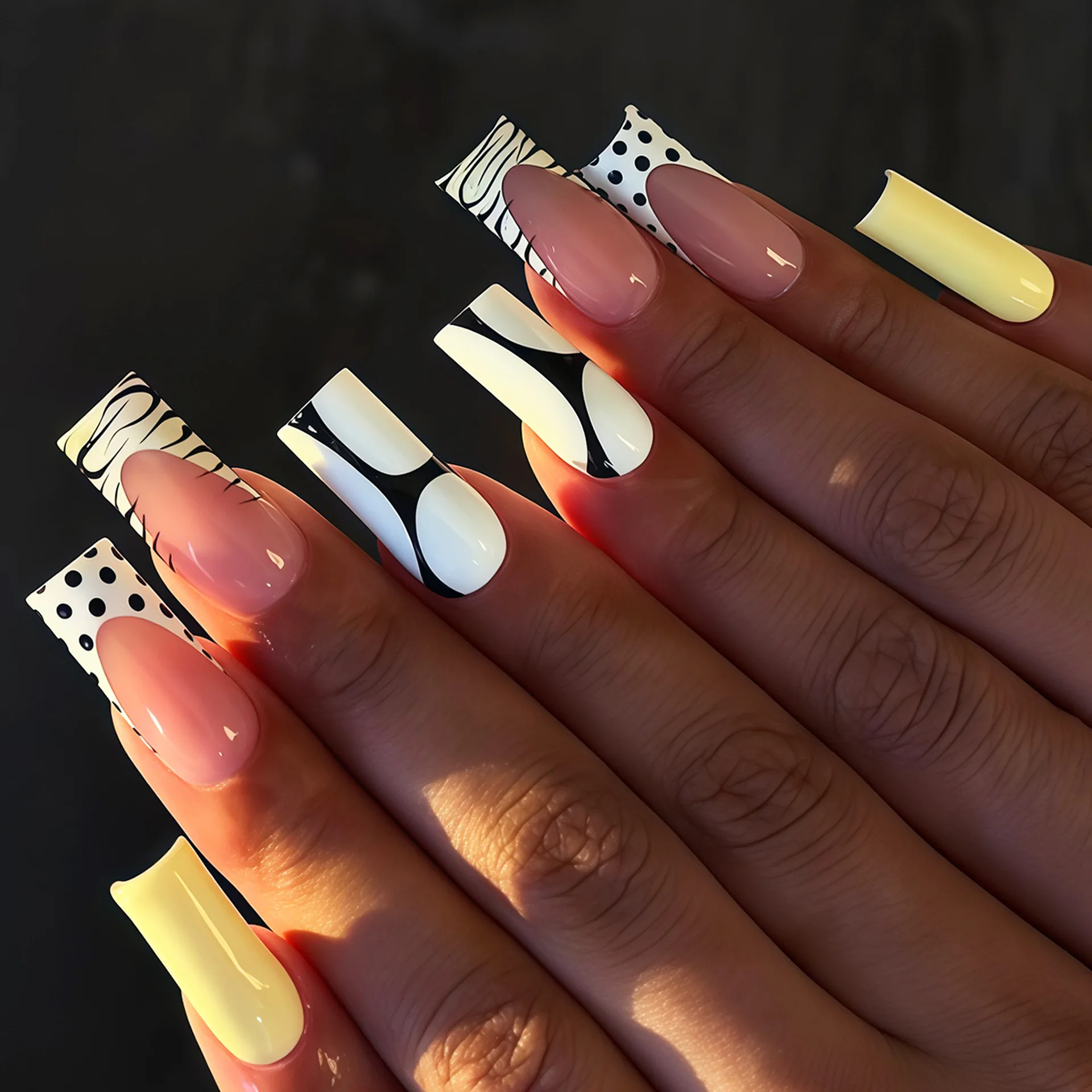 24PCS Y2K-style Press on Nails Black Polka-dot White French Black Irregular Stripe Design Square False Nails for Trendy Casual
24PCS Y2K-style Press on Nails Black Polka-dot White French Black Irregular Stripe Design Square False Nails for Trendy Casual