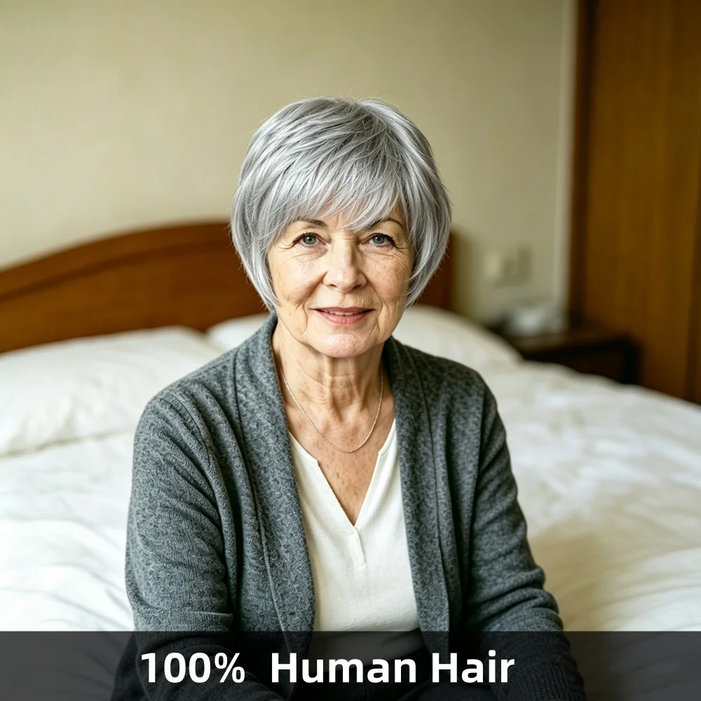 Straight Ash Silver Gray Real Human Hair Short Bob Wig for Senior Women Full Machine Made Layered Pixie Cut Hair Wig With Bangs
Straight Ash Silver Gray Real Human Hair Short Bob Wig for Senior Women Full Machine Made Layered Pixie Cut Hair Wig With Bangs