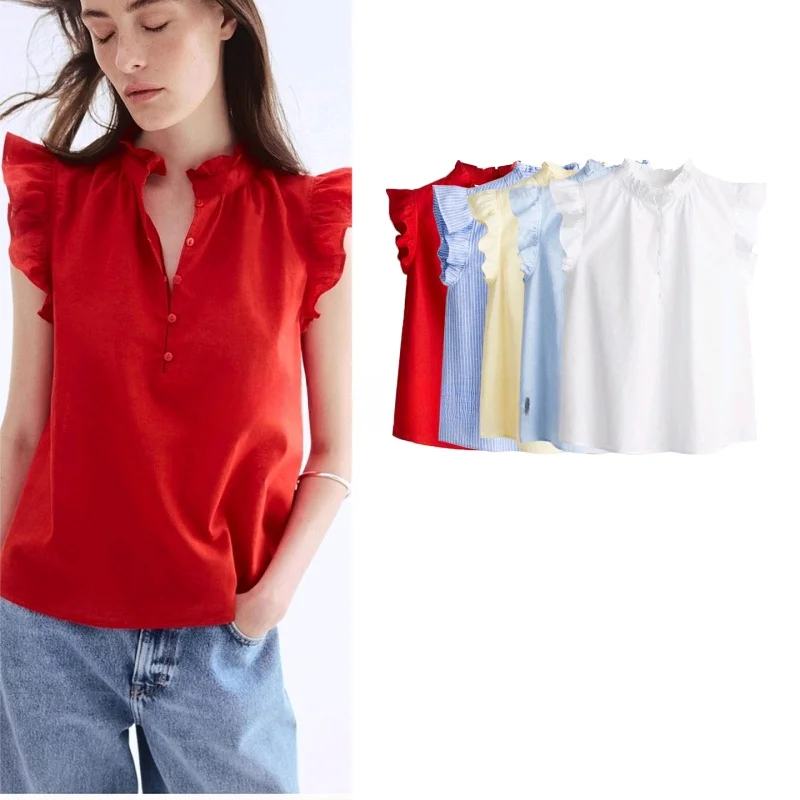 Летняя повседневная свободная модная блузка с коротким рукавом, женская рубашка с воротником-стойкой, из смешанного волокна, с драпировкой, дизайнерский топ
Летняя повседневная свободная модная блузка с коротким рукавом, женская рубашка с воротником-стойкой, из смешанного волокна, с драпировкой, дизайнерский топ