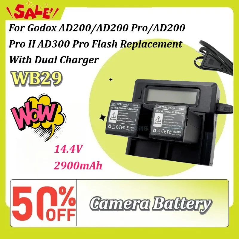 New 14.4V 2900mAh WB29 Li-ion Battery 2 Pack + Dual Charger for Godox AD200/AD200 Pro/AD200 Pro II AD300 Pro Flash Replacement
New 14.4V 2900mAh WB29 Li-ion Battery 2 Pack + Dual Charger for Godox AD200/AD200 Pro/AD200 Pro II AD300 Pro Flash Replacement