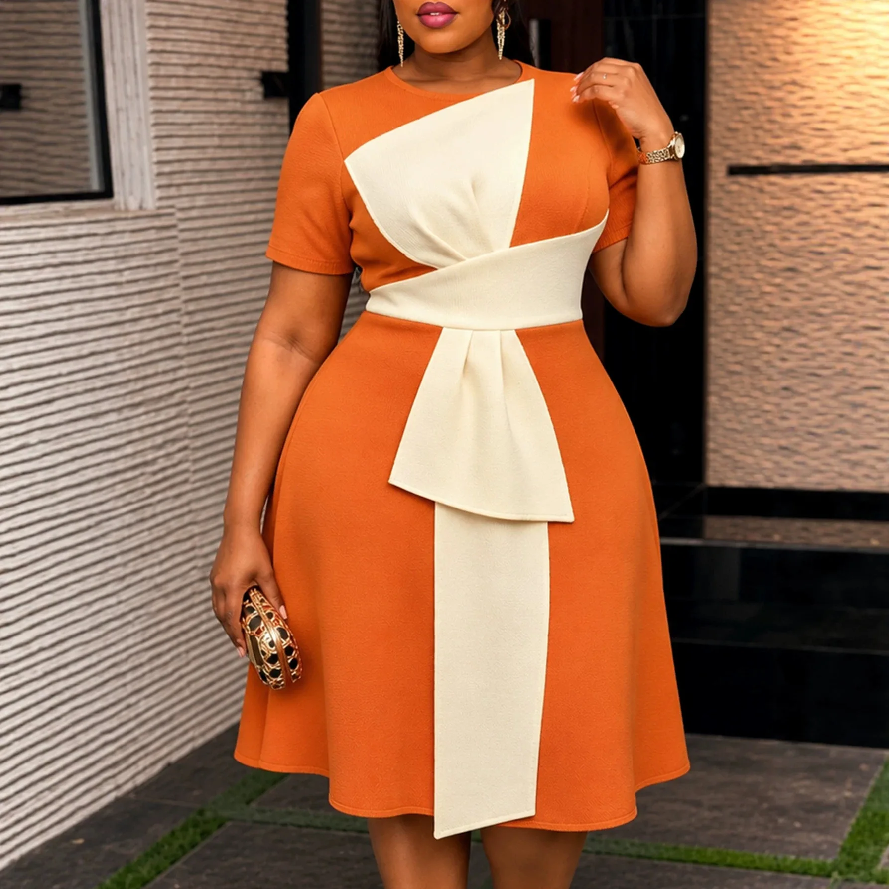 Plus Size Orange White Color Block Dress Women Bow Waist Short Sleeve A Line Midi Dress Vestidos De Mujer
Plus Size Orange White Color Block Dress Women Bow Waist Short Sleeve A Line Midi Dress Vestidos De Mujer