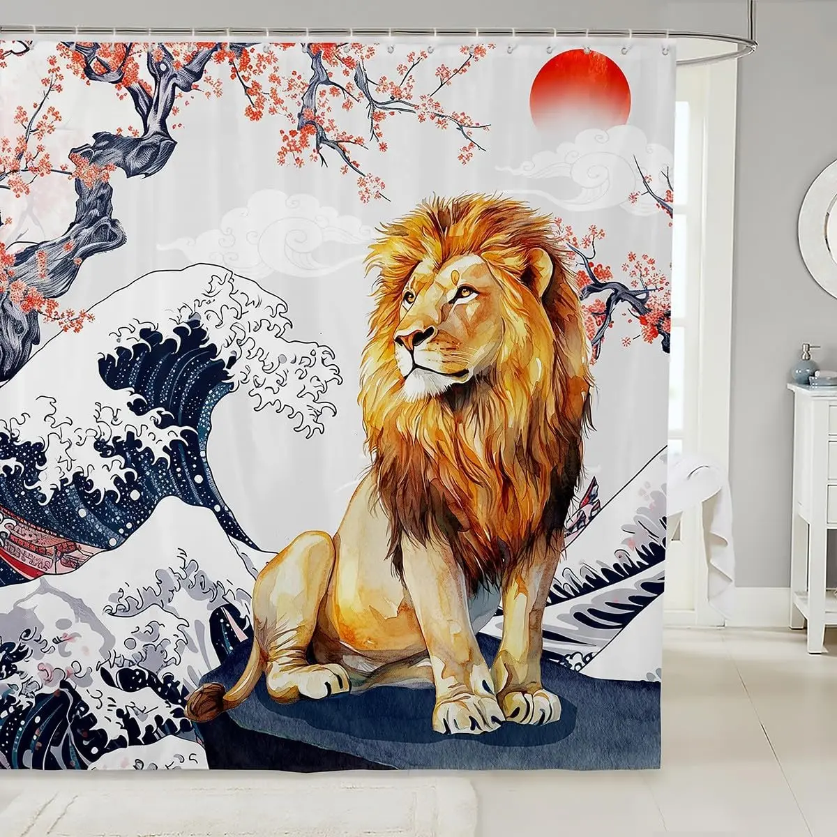 Занавеска для душа с рисунком льва для детей, мальчиков и девочек, водонепроницаемая занавеска для ванной комнаты в японском стиле, винтажная занавеска для ванны Ukiyoe Ocean 
Занавеска для душа с рисунком льва для детей, мальчиков и девочек, водонепроницаемая занавеска для ванной комнаты в японском стиле, винтажная занавеска для ванны Ukiyoe Ocean