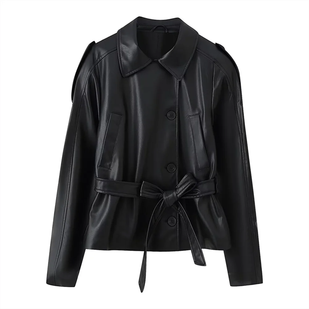 Taop&Za's new women's fashion casual lapel long sleeved with belt decoration single breasted faux leather short windbreaker
Taop&Za's new women's fashion casual lapel long sleeved with belt decoration single breasted faux leather short windbreaker