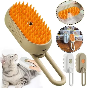 3 in 1 고양이 스팀 브러시, 원터치 스프레이, 애완 동물 제모 도구, 360 ° 회전 핸들, 실리콘 다기능 마사지 빗